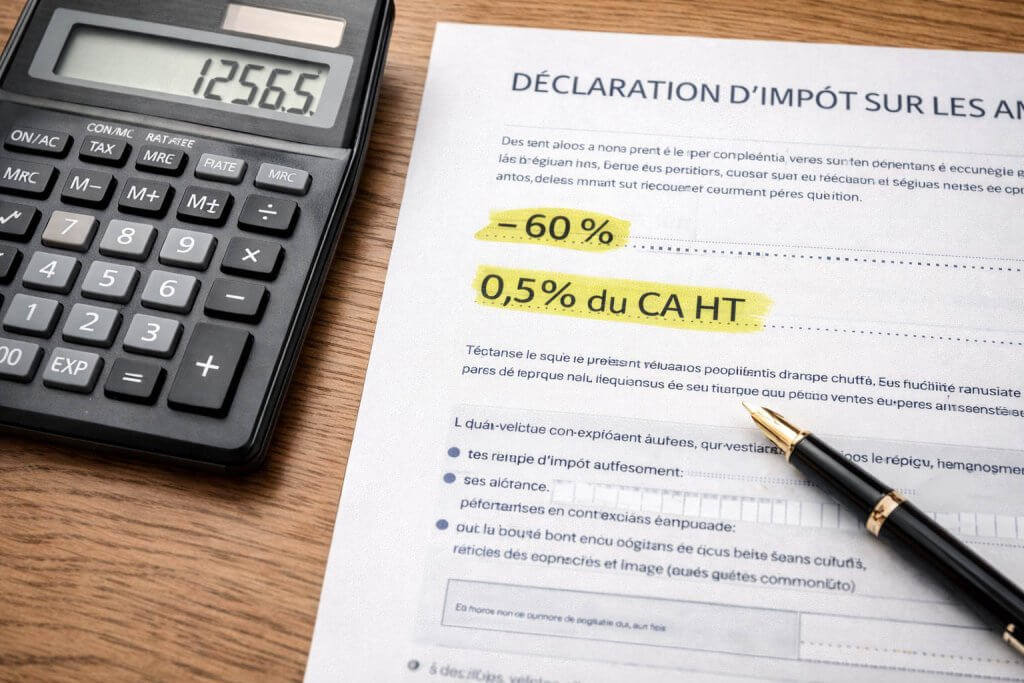 Calculatrice et document fiscal avec les chiffres 60 % et 0,5 % CA HT mis en évidence