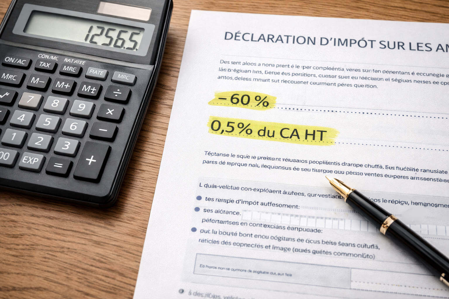 Calculatrice et document fiscal avec les chiffres 60 % et 0,5 % CA HT mis en évidence