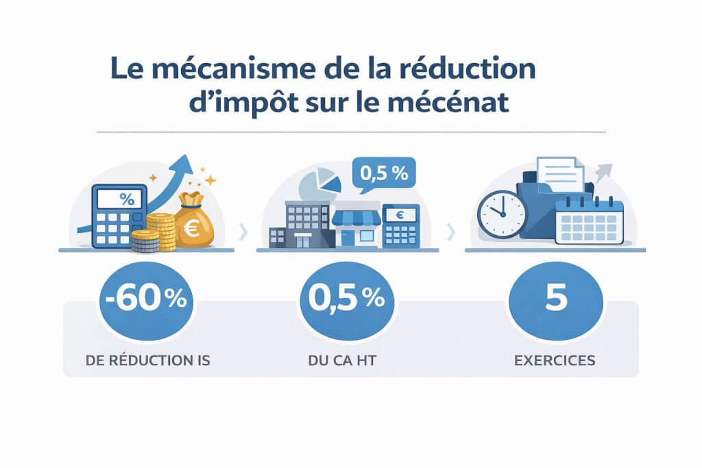 Le mécanisme de la réduction IS mécénat : 60 % du don, dans la limite de 0,5 % du chiffre d'affaires HT.