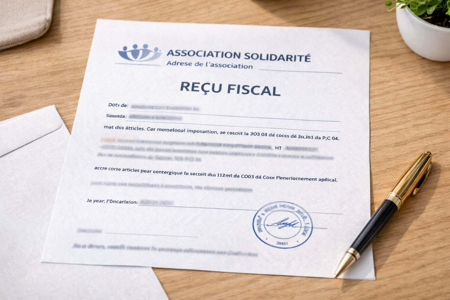 Recu fiscal Cerfa 11580 d’une association pose sur un bureau avec une enveloppe
