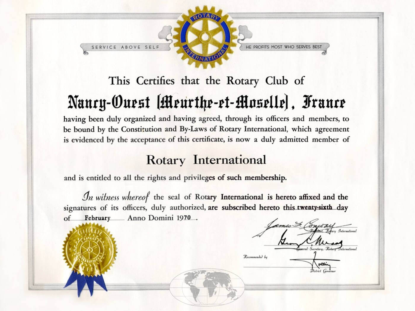 Certification officiel Rotary Nancy Ouest du 26 février 1970