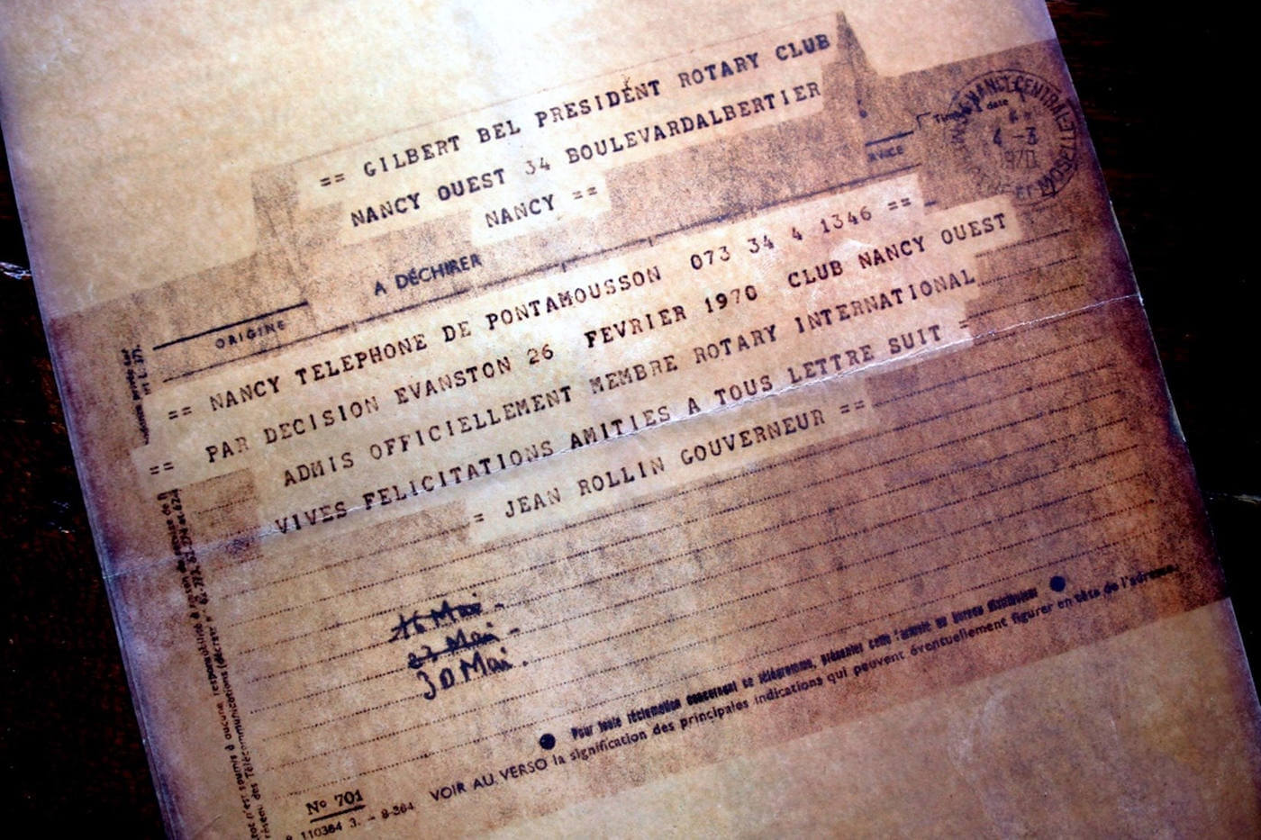 4 mars 1970 - Telegram du Gouverneur afinde transmettre l'acceptation du Rotary Nancy Ouest par Evanston